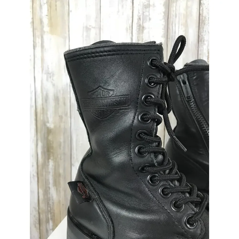 VINTAGE Harley Davidson Black Leather Combat Boots Lace Zip Up 5 Oil Resistant